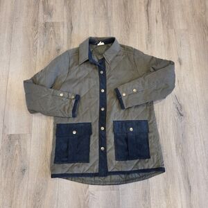 Quilted Barn Jacket Womens Sm- Med Olive Green Corduroy Trim Gold Snap Hem Threa